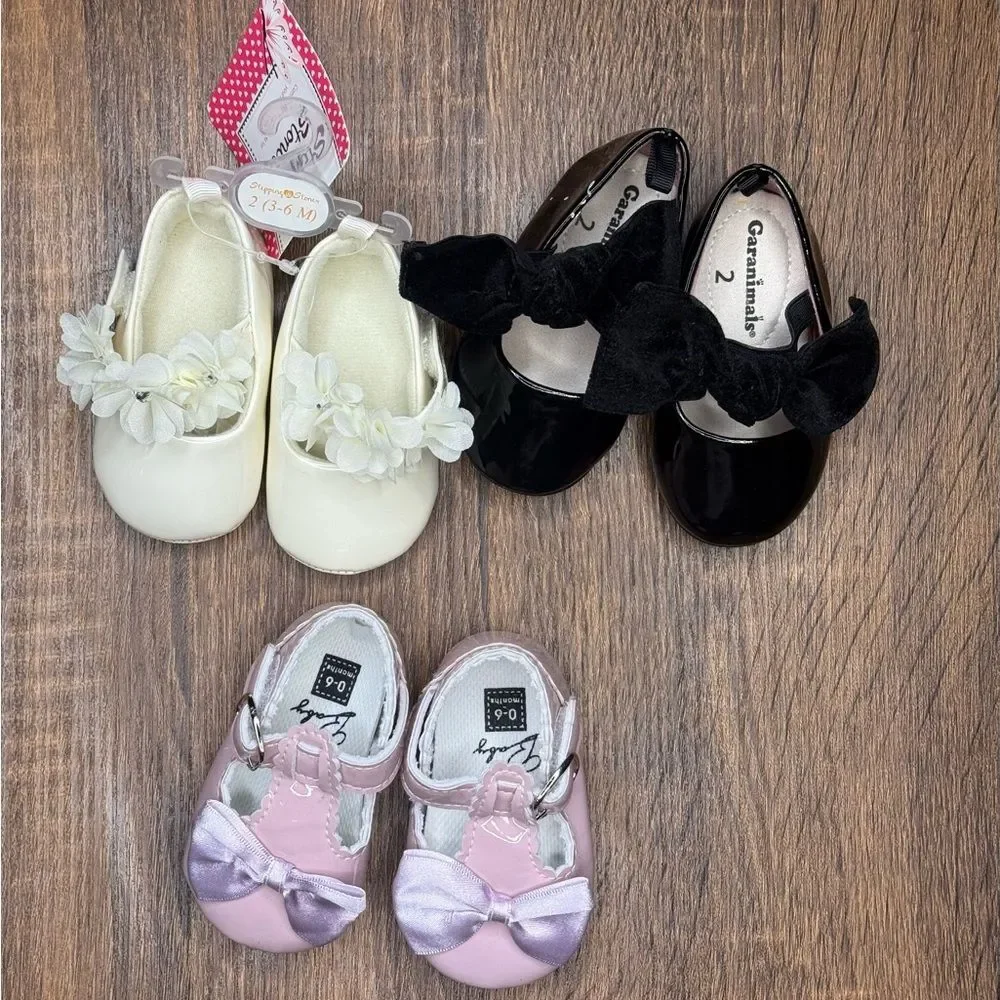 Pink black ivory baby girl formal dress shoes size 2 bows flowers 3-6 months